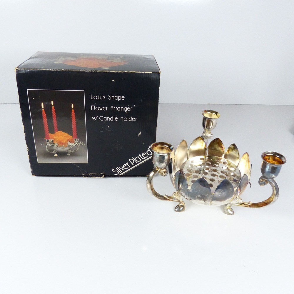 Vintage Lotus Flower Arranger Silver Plated 3 Arm Candelabra Centerpiece 9in